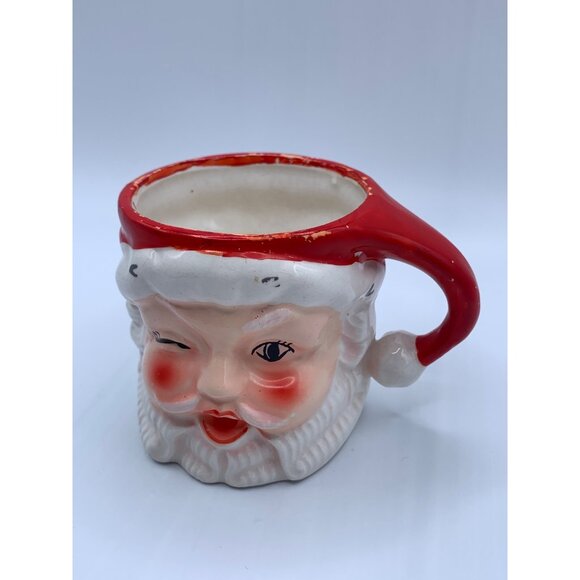 Vintage Santa Claus Ceramic Mug Winking Face Christmas Holiday Decor Cup 3" 50's - Picture 6 of 10